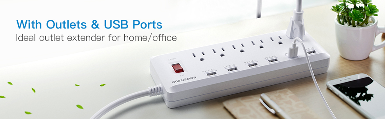 Poweradd Power Strip 6 Outlets 6 Smart USB Charging Ports Surge Protector